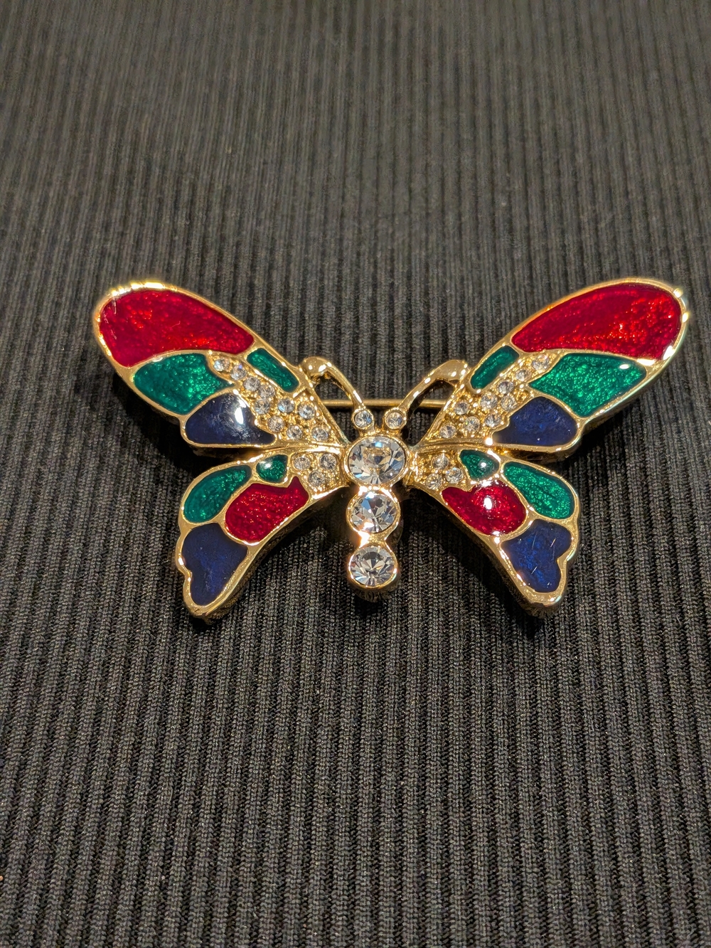 B#4: Vintage Gold-Tone Multicolor Butterfly Brooch with Red, Green, Blue Enamel